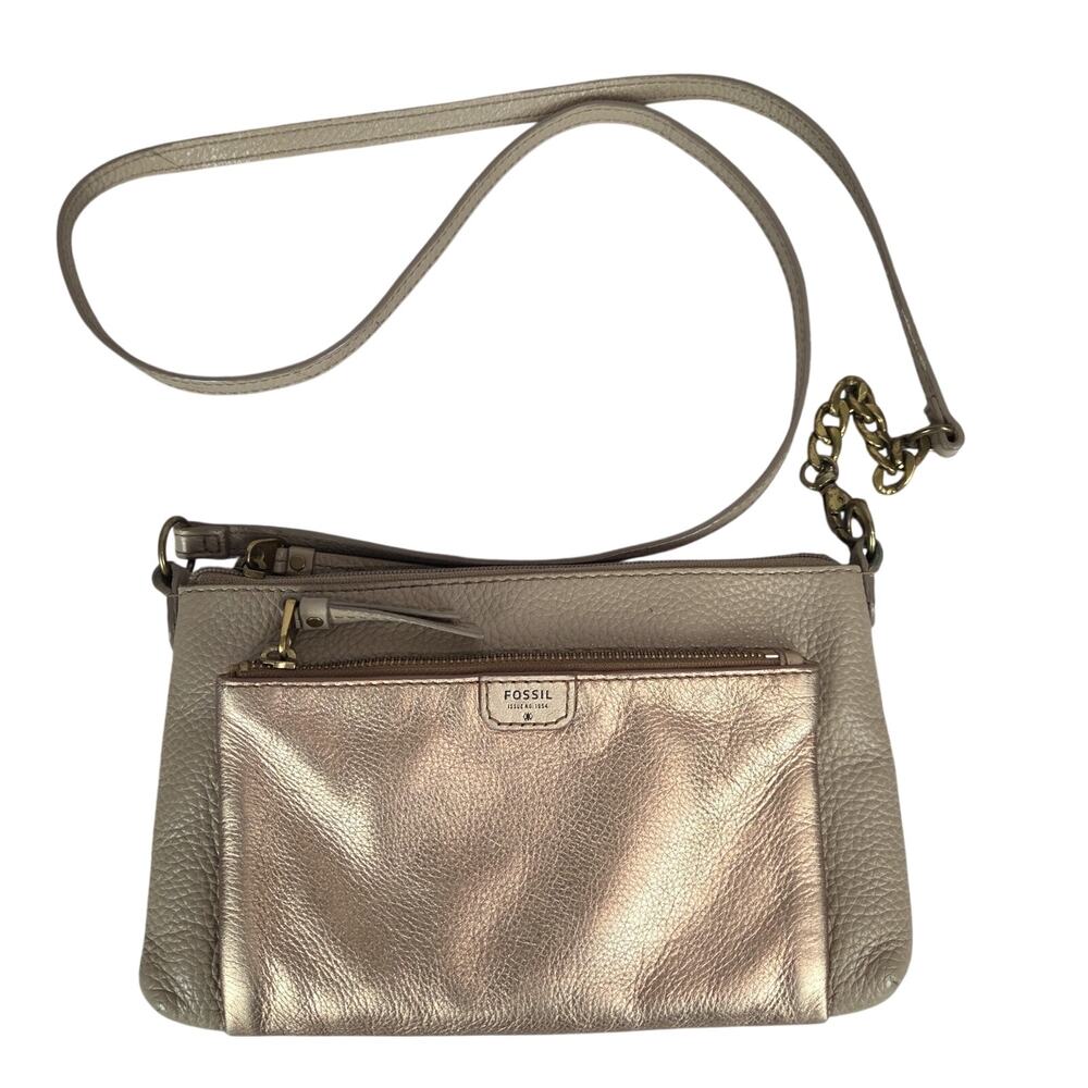Fossil Sydney Crossbody Bag Rose Metallic Purse Chain Leather Strap Zipper Purse